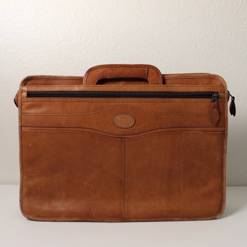 Vintage Roma Brown Leather Briefcase Rare Business Bag Retractable Handles